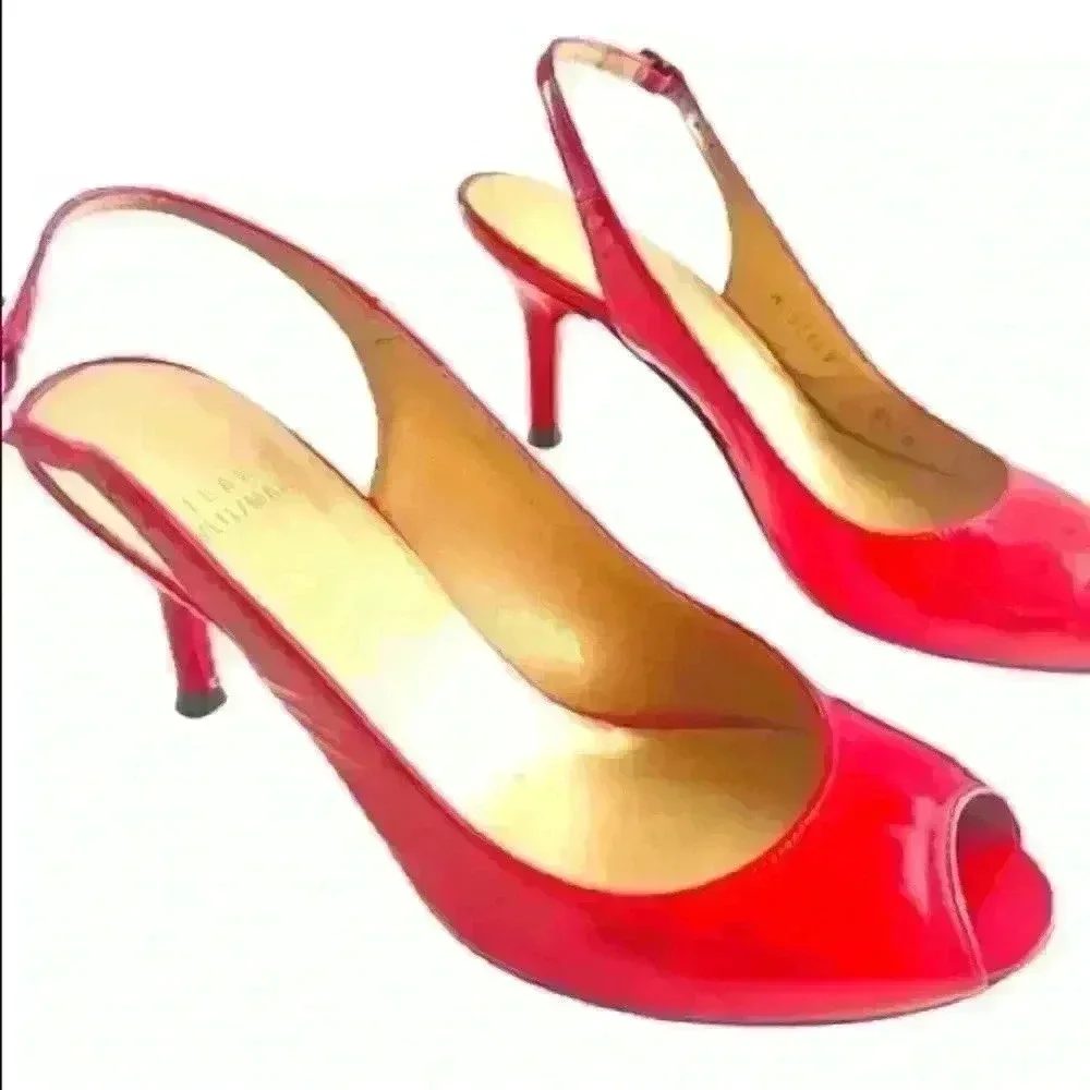 STUART WEITZMAN RED LEATHER Y2K SLINGBACK OPEN TOE KITTEN HEELS SANDALS SIZE 6.5 - Picture 3 of 12